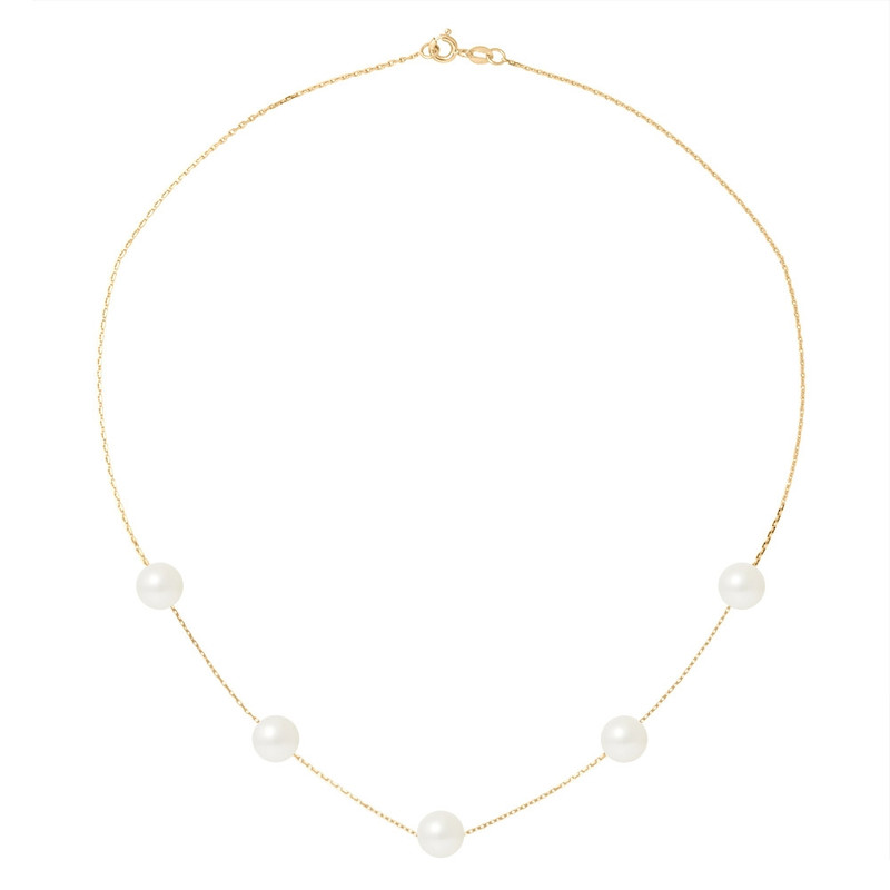 Collier ras du cou Femme 5 Perles de culture d'eau douce Blanche 7 mm AA et Or jaune 750/1000