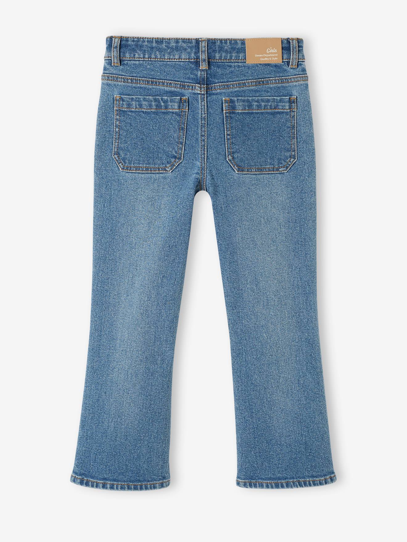 Calça jeans azul boca de sino estilo pirata para meninas