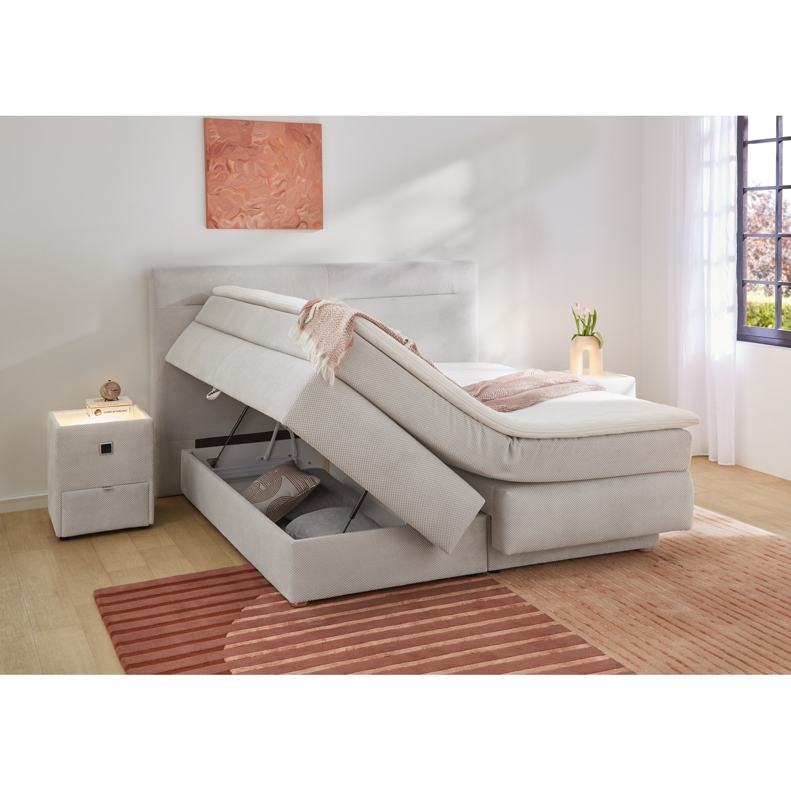 Boxspringbett Simone, Waffelcord-Stoff, 180 x 200 cm hellgrau