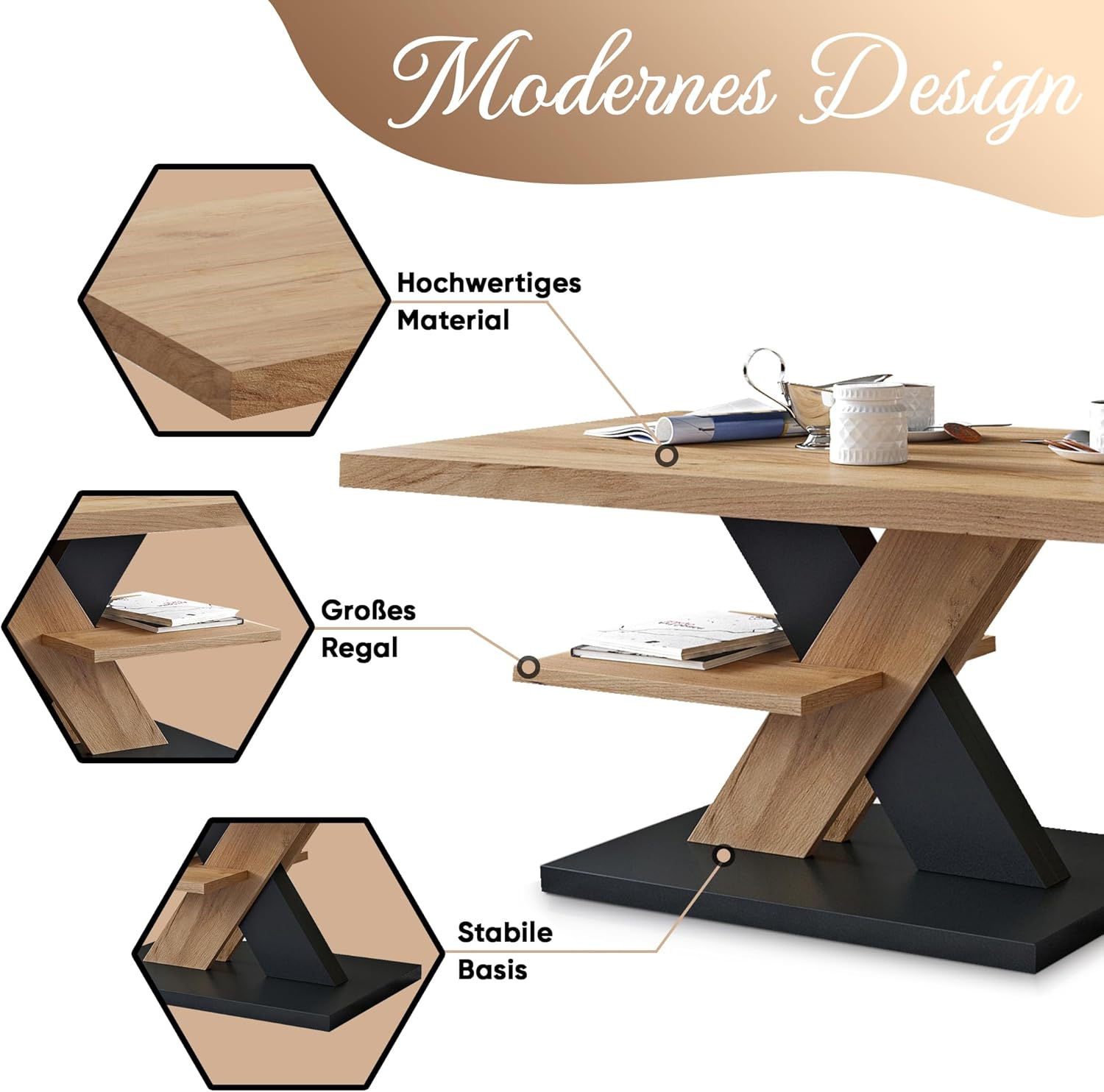 Viosimc Couchtisch, Moderner Wohnzimmertisch, Modern Möbel Wohnzimmer, Kaffeetisch, Sofatisch mit Großer Ablage, Beistelltisch für Tee und Kaffee – Coffee Table for Living Room - Eiche & Schwarz