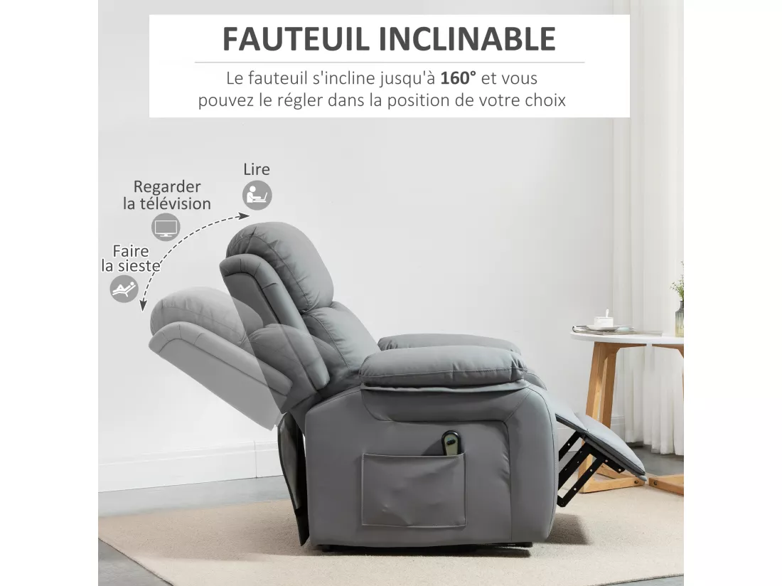 Fauteuil de relaxation électrique fauteuil releveur inclinable repose-pied ajustable revêtement synthétique gris