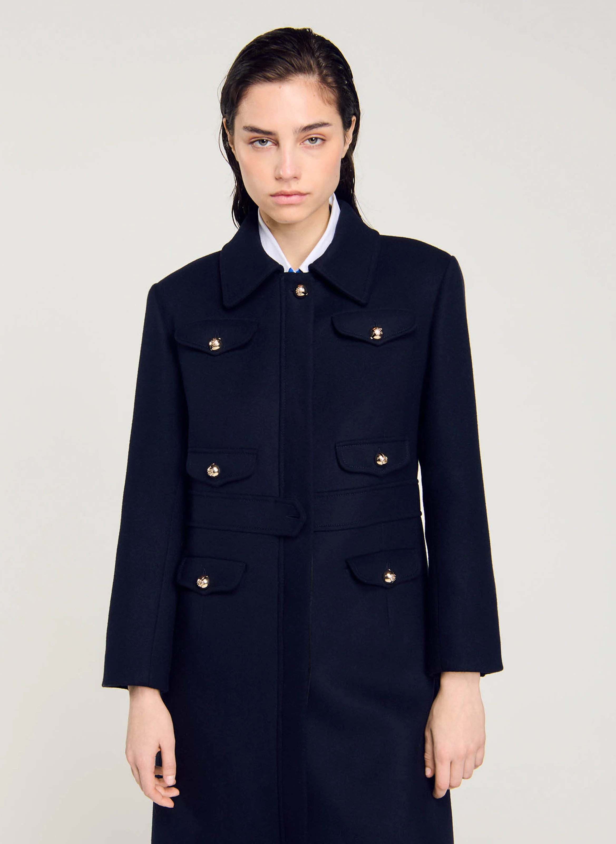 Manteau long cintré en laine mélangée | Bleu