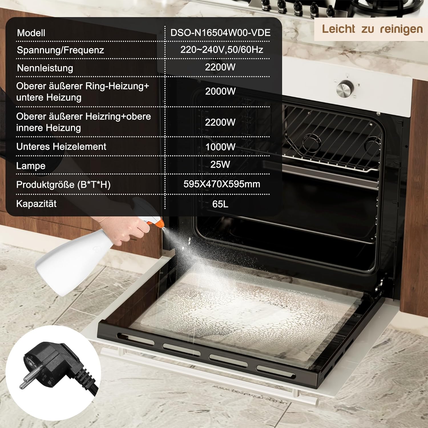Einbaubackofen 60 cm Freistehend Backofen Einbauofen mit Stecker Drehknopfsteuerung 4 Funktionen Backofen 50 bis 250 °C Einbaugerät 65L 2200W 3D Heißluft Backen 6 Ebenen Kühlgebläse Weiß