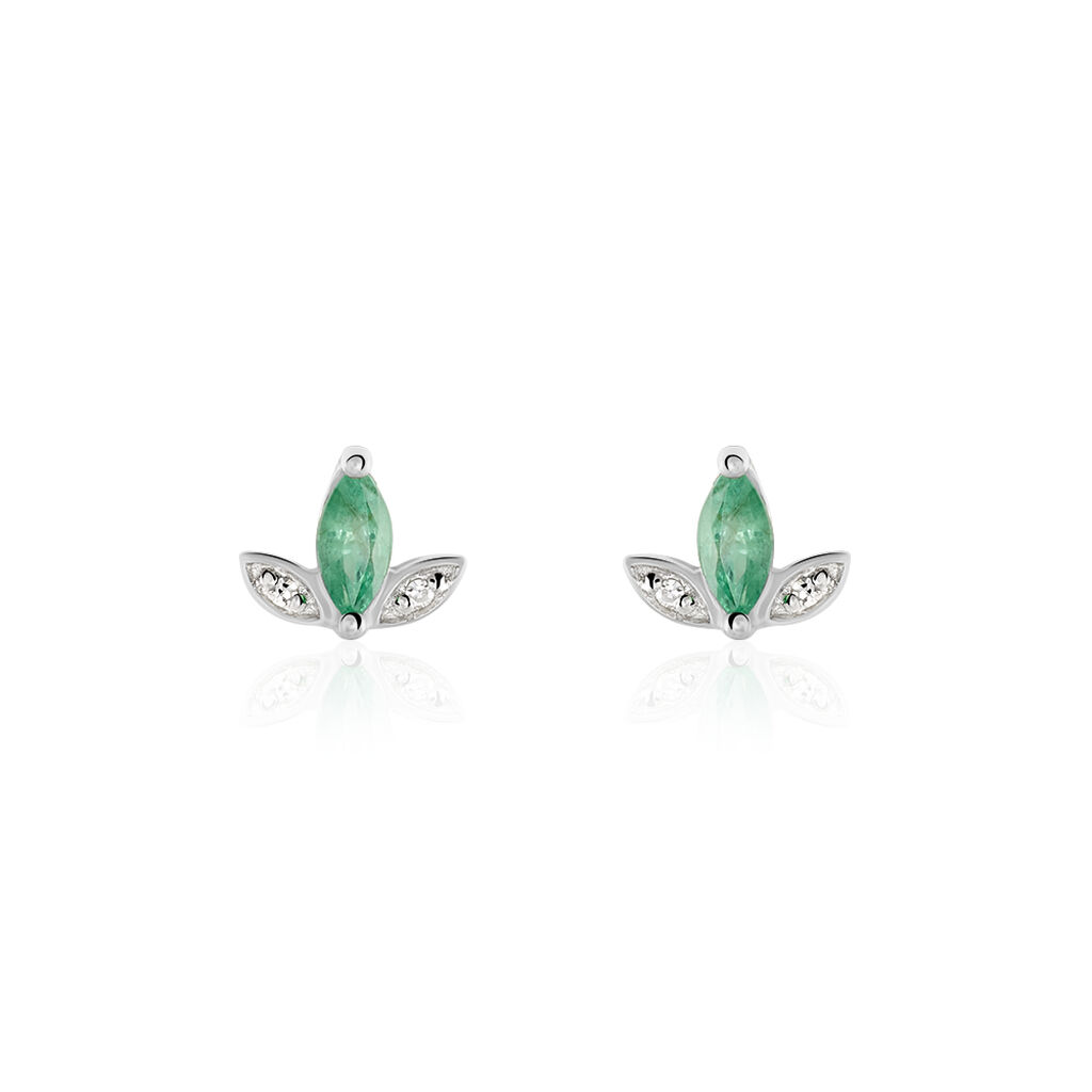 Boucles D'oreilles Puces Or Blanc Febe Emeraude Diamant