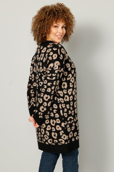 Strickjacke, Leomuster, offene Form, Langarm