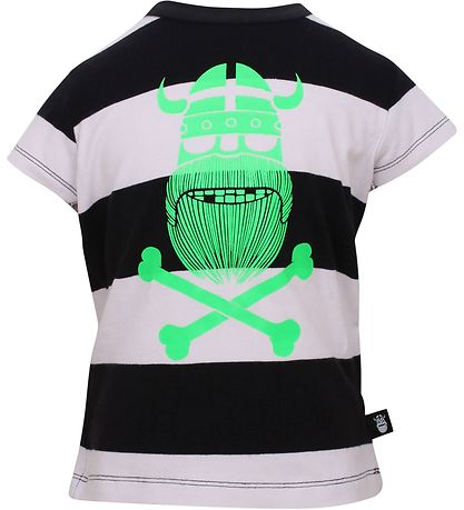 Danefæ T-Shirt - Schwarz/Weiß gestreift m. neongrünem Viking