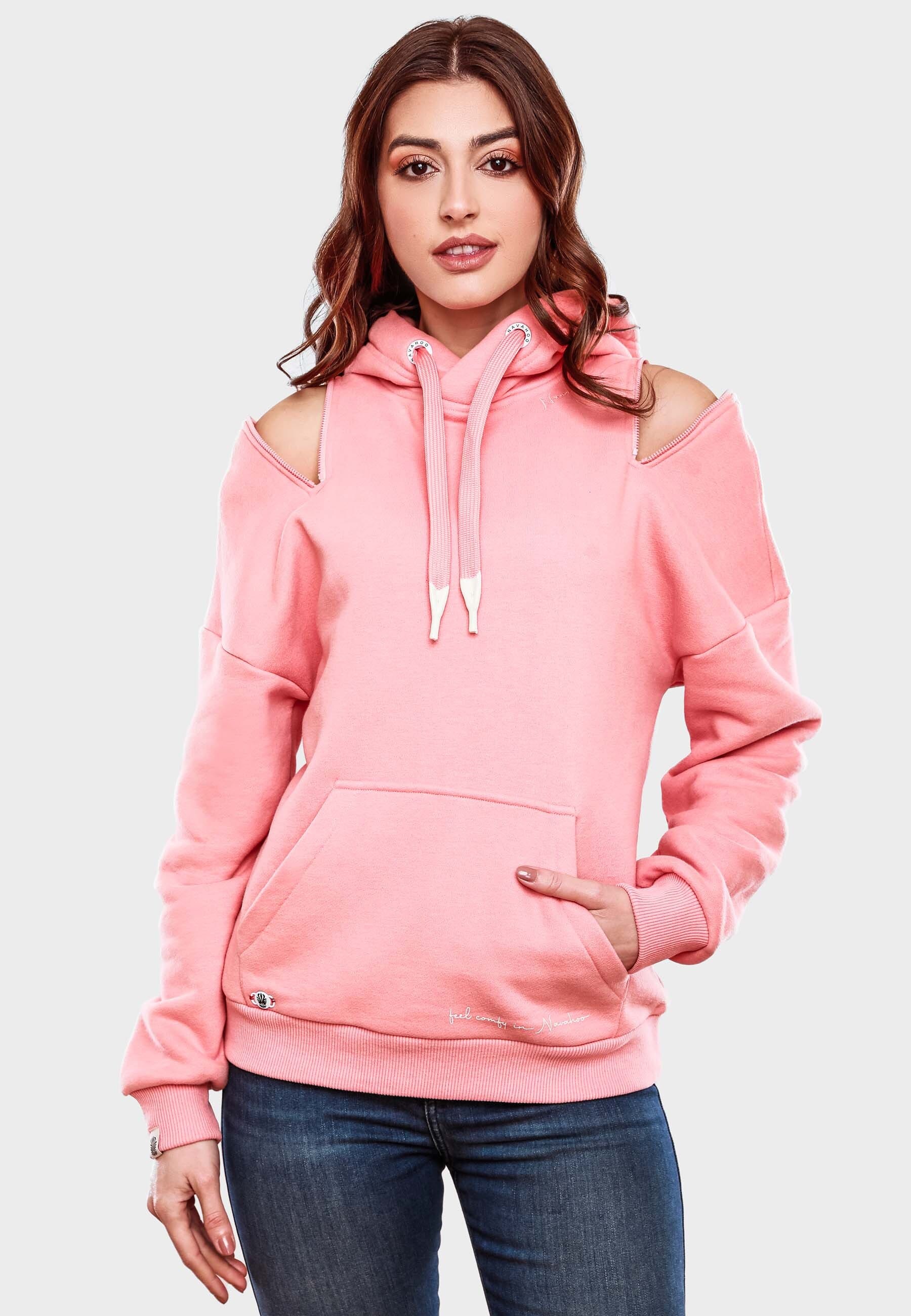 NAVAHOO Damen Kuscheliger Kapuzensweatshirt Hoodie mit breiten Tunnelzugkordeln Zuckerbärchen
