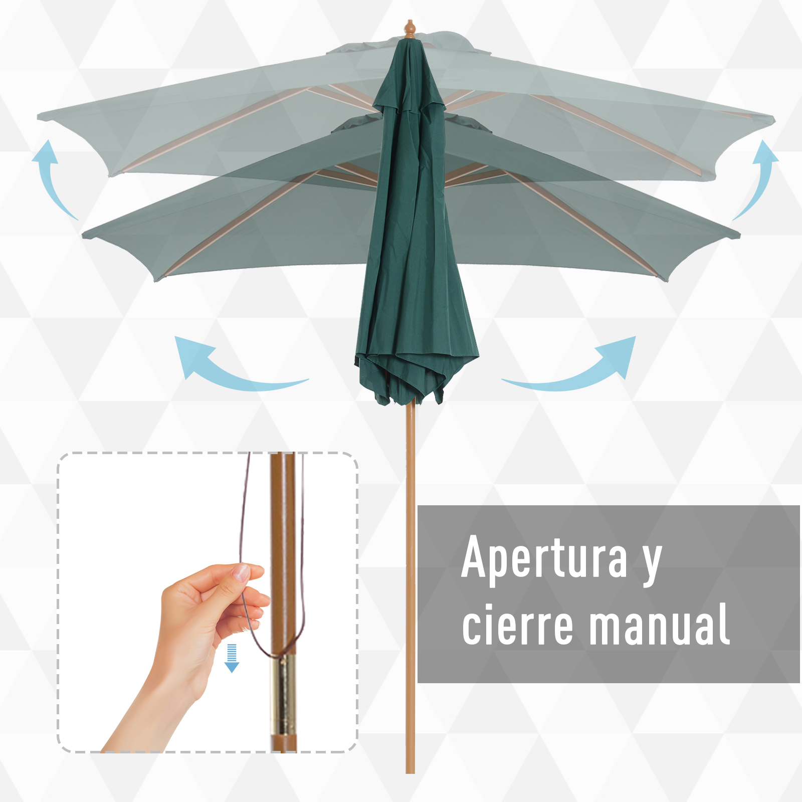 Guarda-sol de jardim Outsunny Ø250x230 cm para terraço, com 6 varetas, mastro removível, proteção UV, impermeável e estrutura de madeira para praia e pátio, na cor verde.