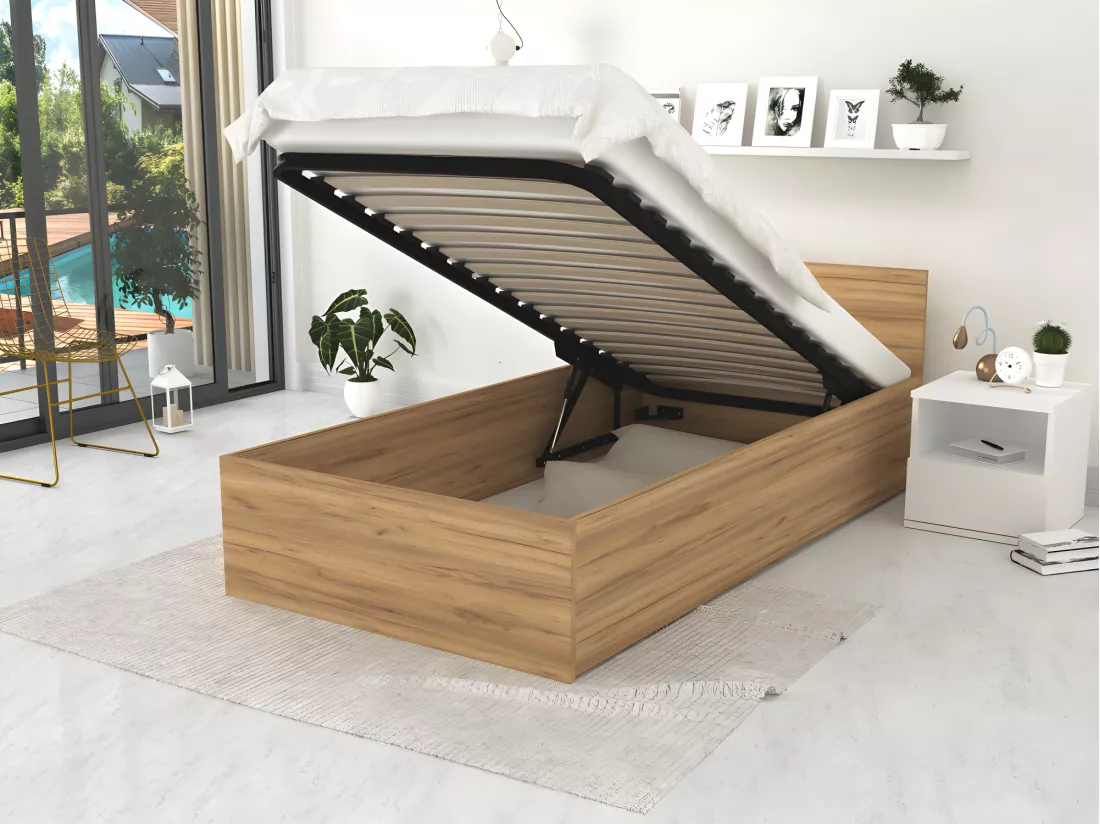 Lit Panama 90x200 + coffre - Sommier inclus Chêne
