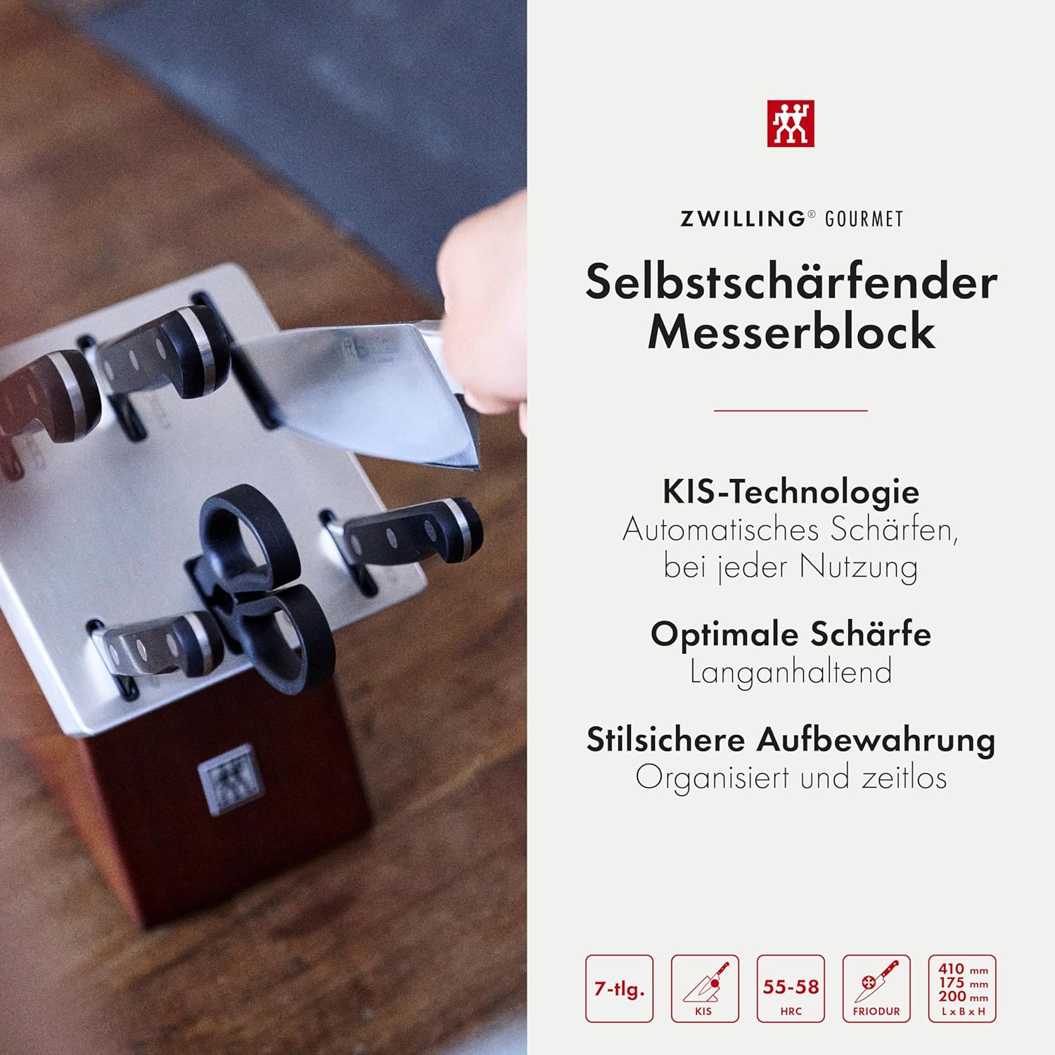 ZWILLING Gourmet Selbstschärfender Messerblock 7-teilig, Rostfreier Spezialstahl, Braun, Made in Germany