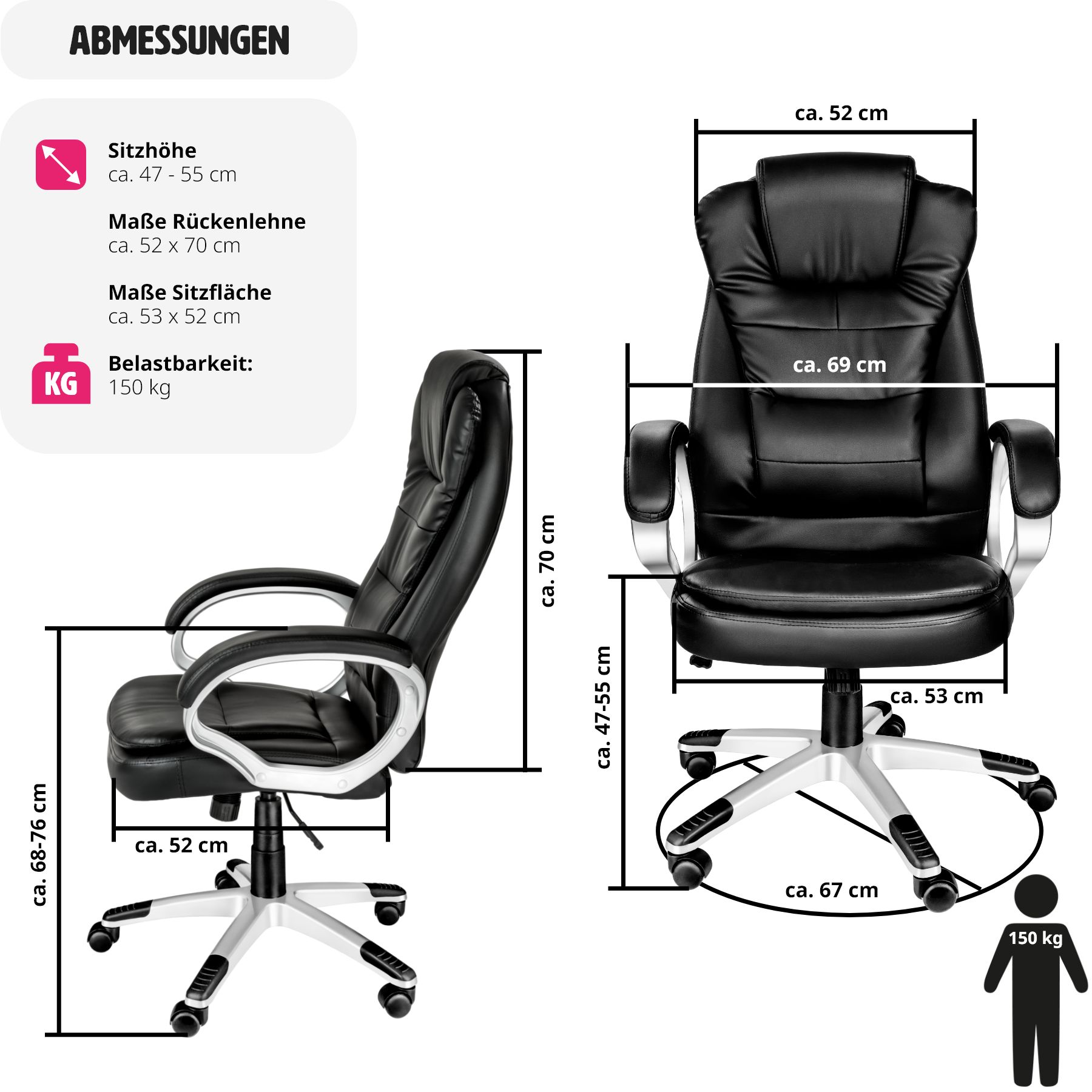 tectake® Bürostuhl, 360° drehbar und stufenlos höhenverstellbar, dicke Polsterung mit Kunstlederbezug, einstellbare Wippfunktion