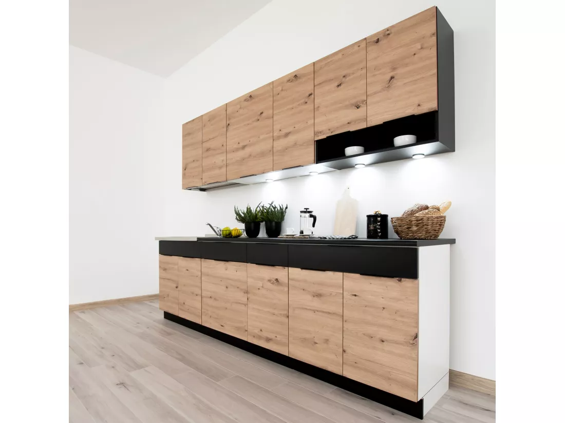 Cuisine complète Erika 7 éléments couleur chêne artisan/noire avec plan de travail inclus - Longueur 180/240 cm