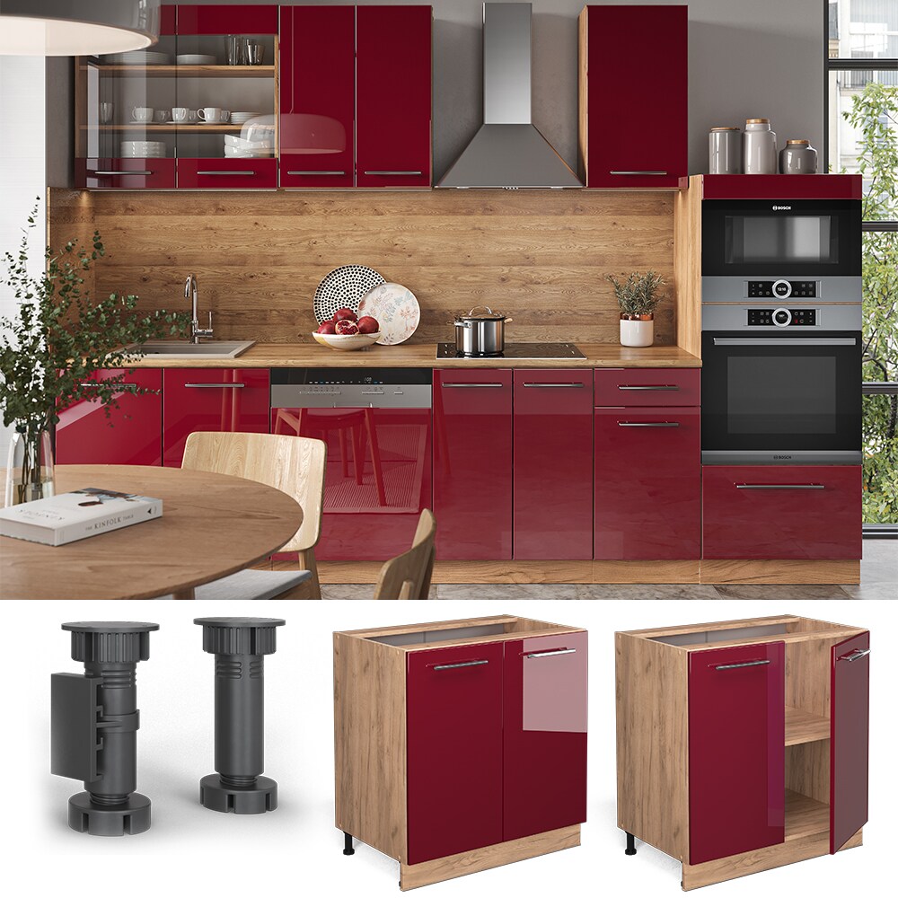 Vicco Unterschrank Küchenschrank Küchenmöbel Fame-Line Eiche Rot Bordeaux modern 80 cm Küche Einbauküche Drehtür Einlegeboden Blende Küchenzeile Hochglanz