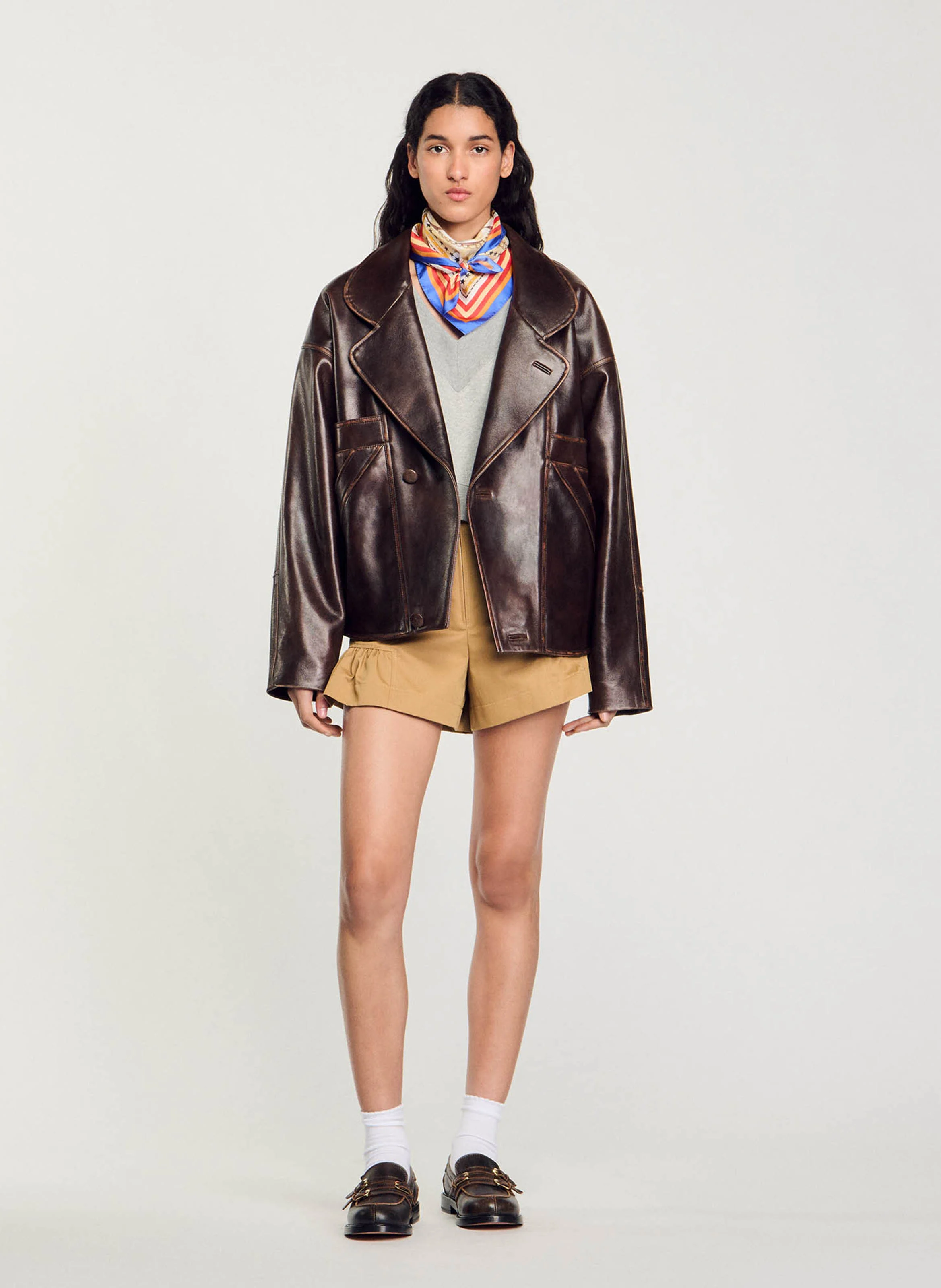 Veste col tailleur en cuir | Marron