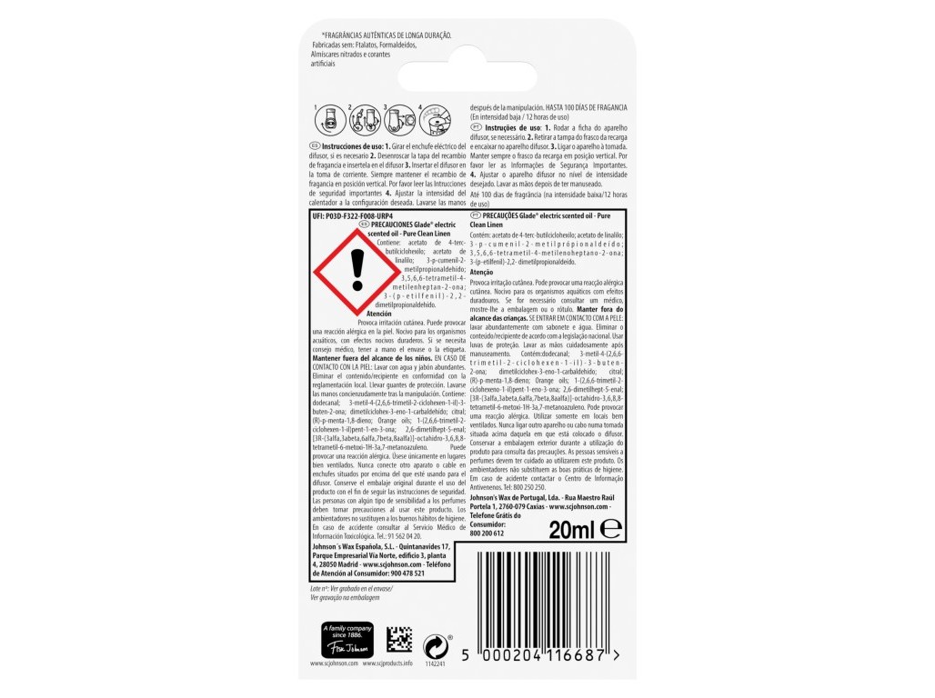 AMBIENTADOR GLADE ELÉCTRICO RECARGA CLEAN LINEN 20ML