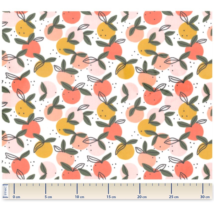 Tissu Enduit Au Mètre Ex2519 Ronde De Fruits Blanc Peche