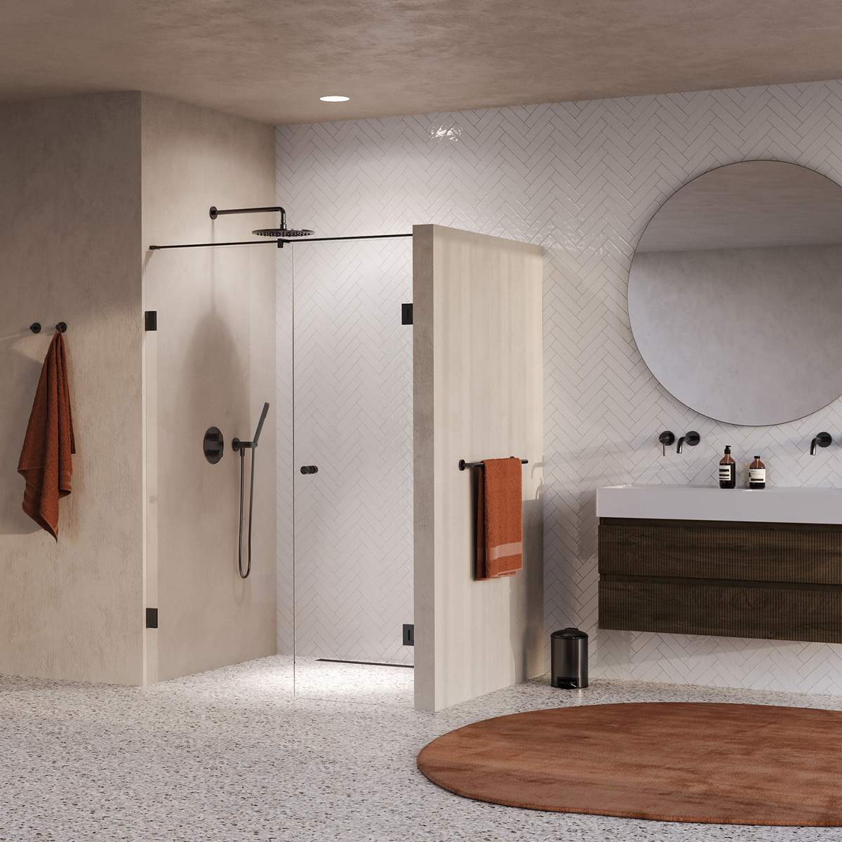 Brauer Void Carving profielloze nisdeur 130cm met draaideur 60cm aan muur gunmetal geborsteld PVD