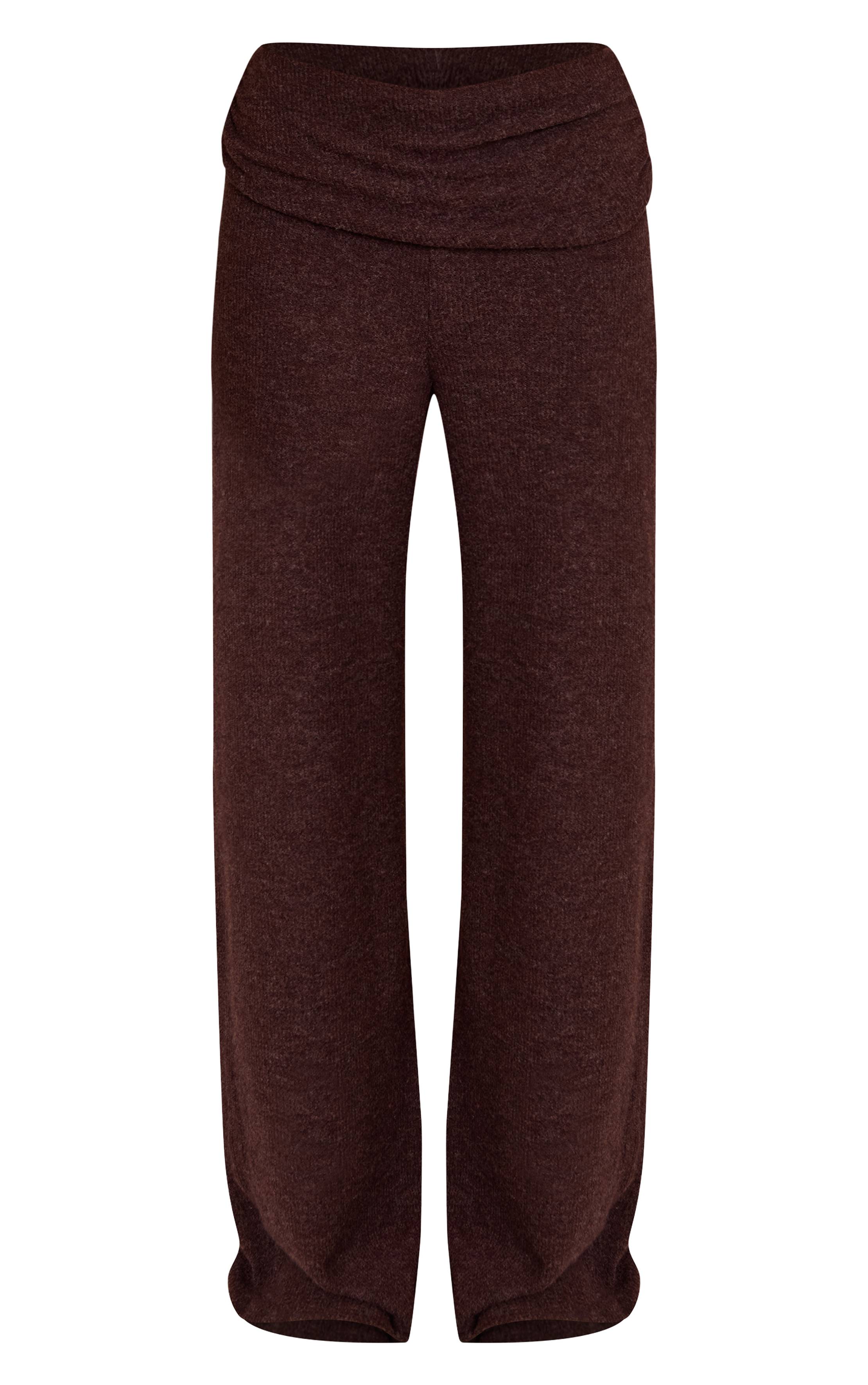 Chocolat Pantalon Droit À Taille Repliée Aspect Laine