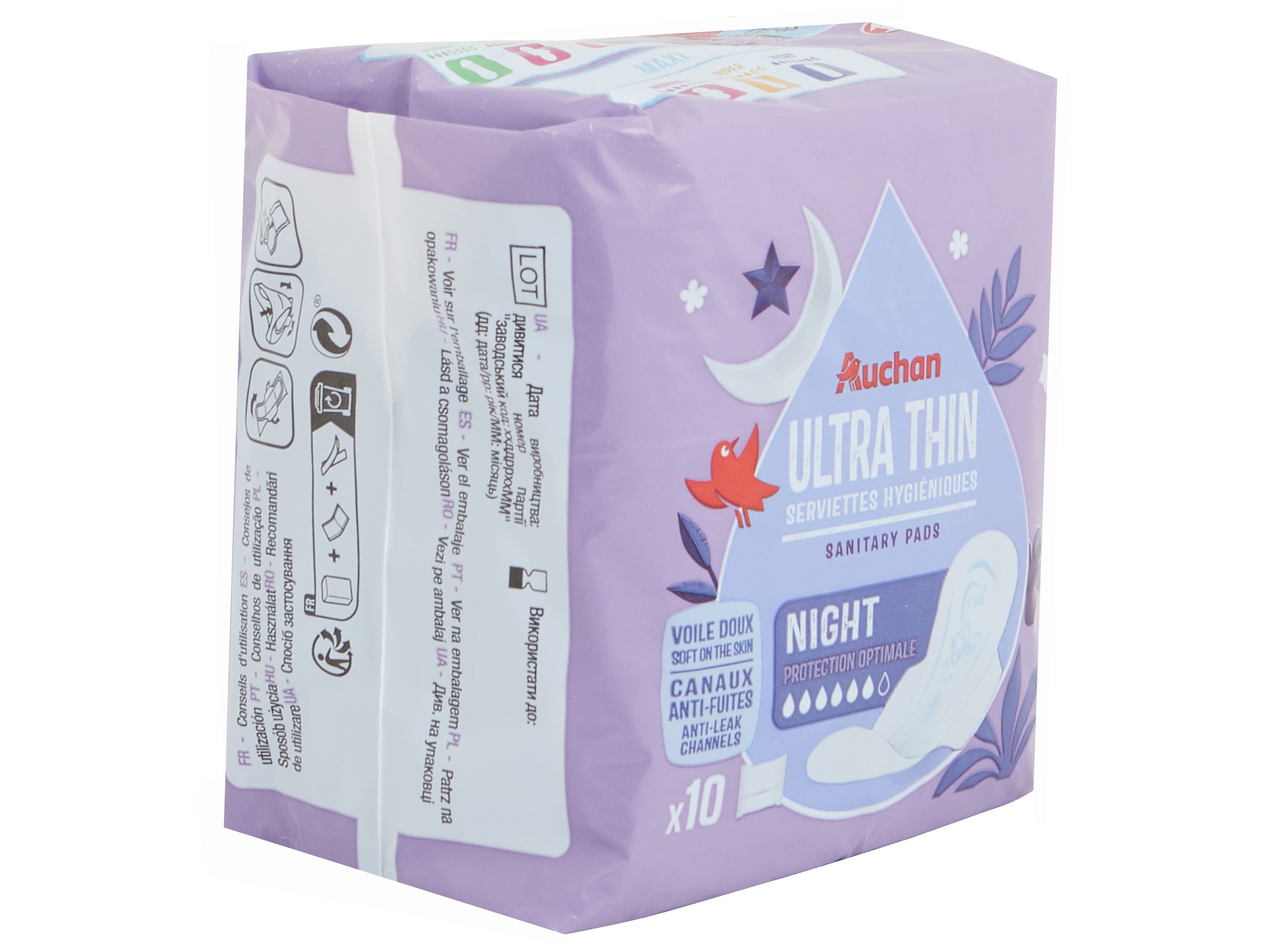 PENSOS HIGIÉNICOS AUCHAN ULTRA FINO NOITE COM ABAS BOLSA 10UN