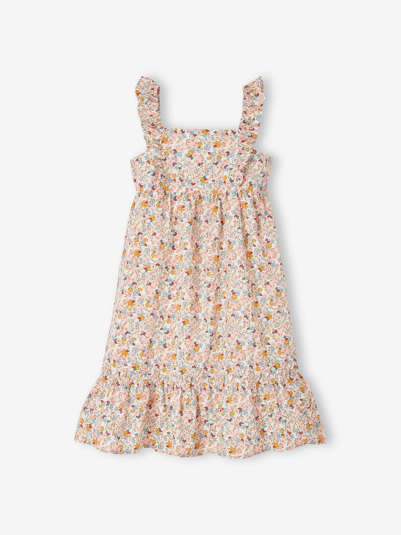 Vestido longo de alças finas com babados, para meninas, estampa amarelo escuro.