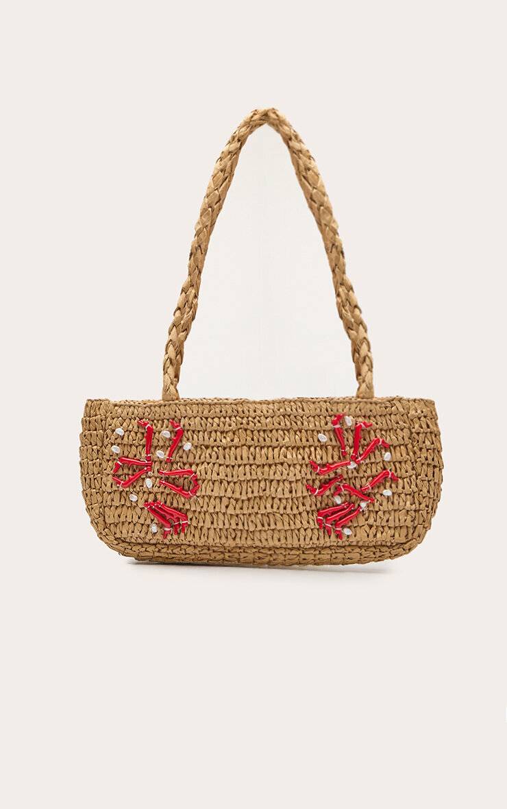 Naturel Sac À Bandoulière En Raphia Avec Détail Corail