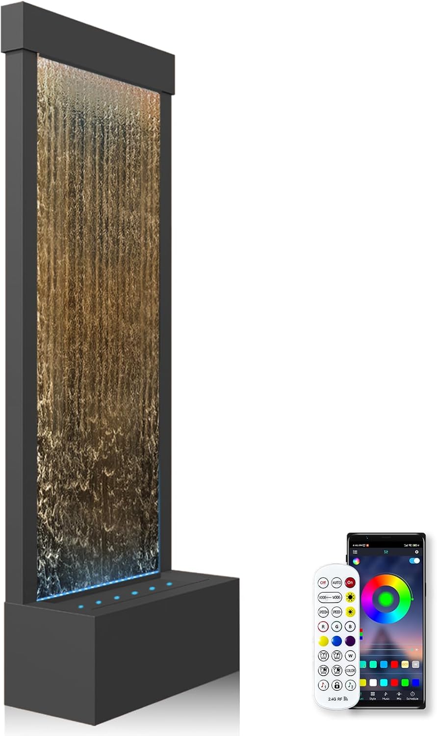 LONGRUN Gartenbrunnen Groß, Zimmerbrunnen Wasserfall mit RGB LED Beleuchtung, 45,5x20x123cm Edelstahl Moderne Zierbrunnen Wasserfall mit Pumpe, Schwarz mit Bronzespiegel