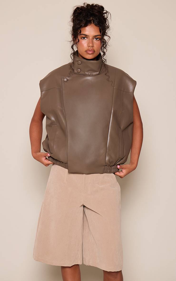 Kaki Gilet Col Montant En Synthétiquecuir