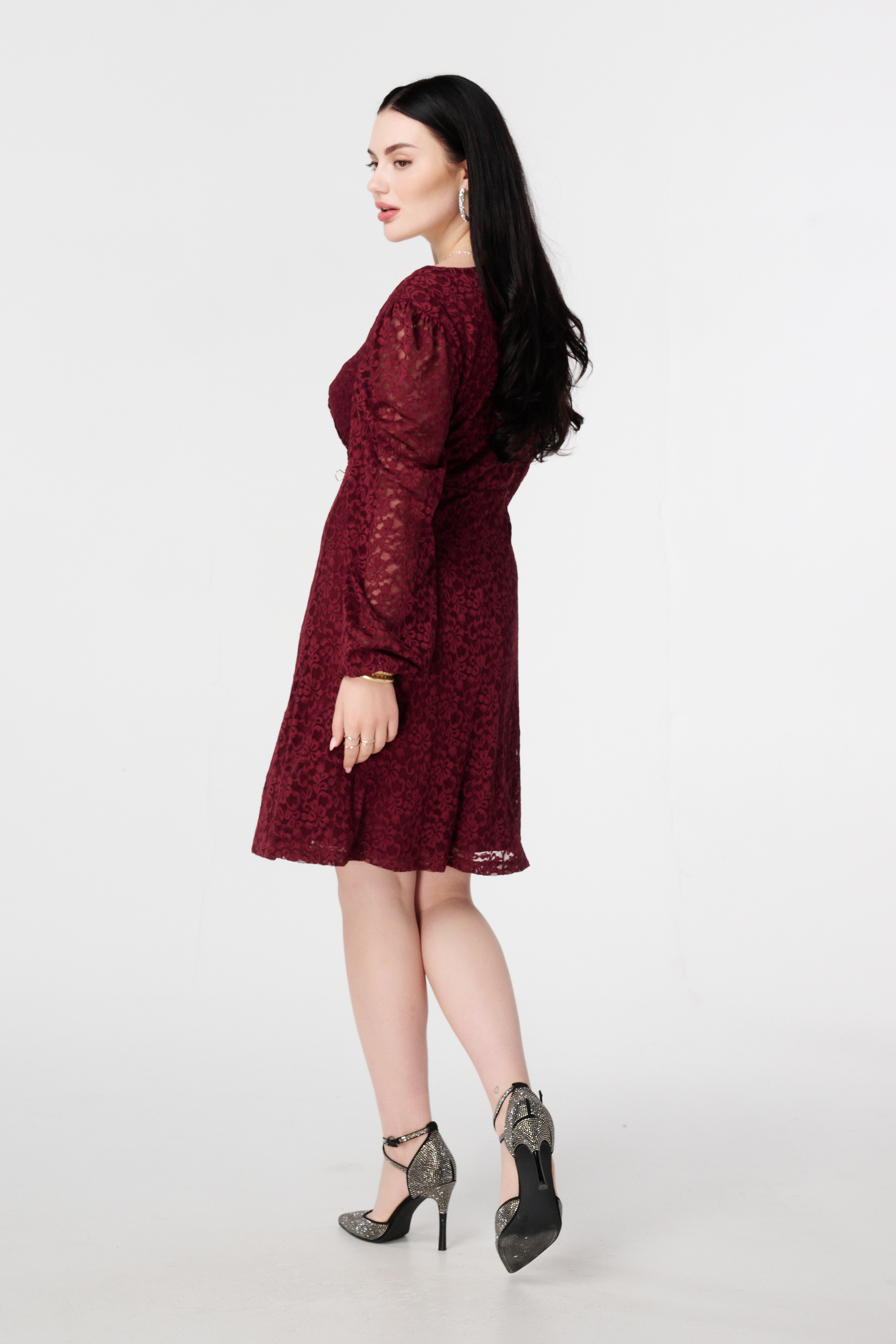 Jurk van kant met knoopdetail Donker rood