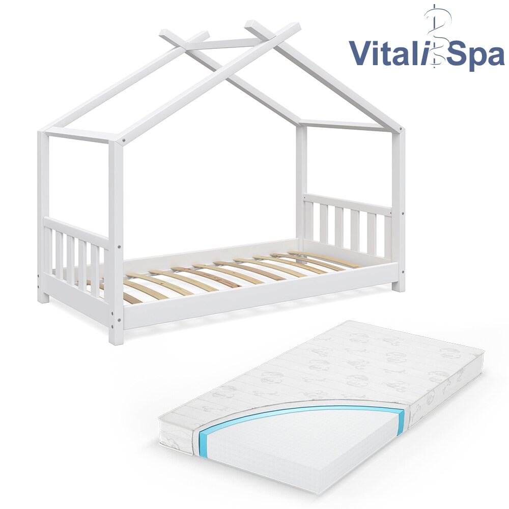 VITALISPA Kinderbett Hausbett DESIGN 80x160cm Weiß Zaun Kinder Holz Haus Hausbett mit Matratze