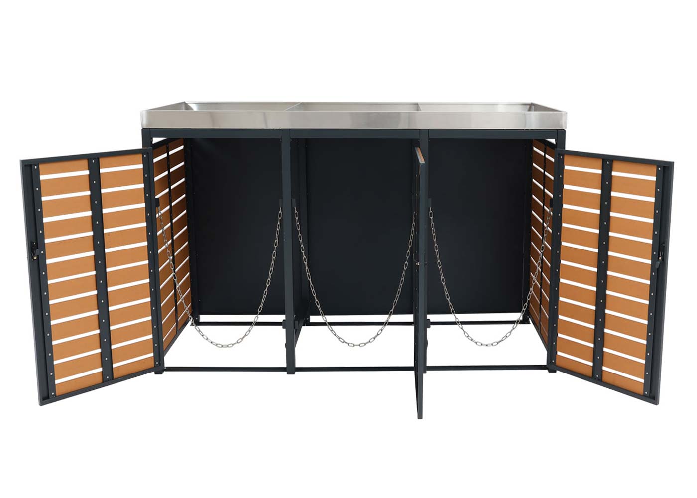 3er Mülltonnenverkleidung MCW-K14, Mülltonnenbox mit Pflanzkasten, 124x200x84cm WPC Edelstahl 107kg ~ Teak-Optik