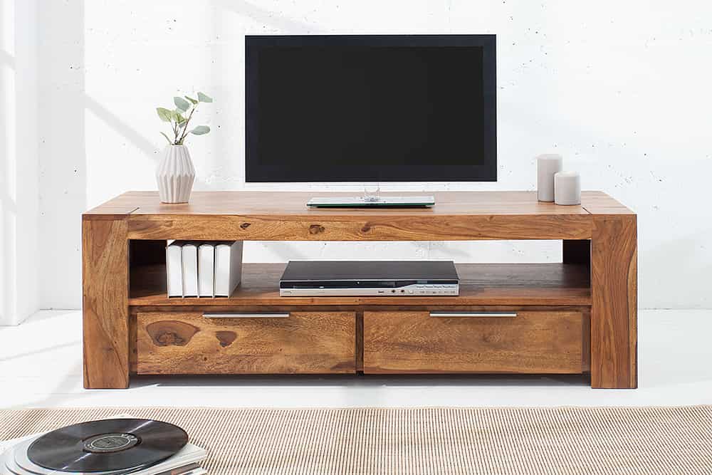 Massives TV-Board MAKASSAR 130cm braun Sheesham stone finish Lowboard zwei Schubladen
