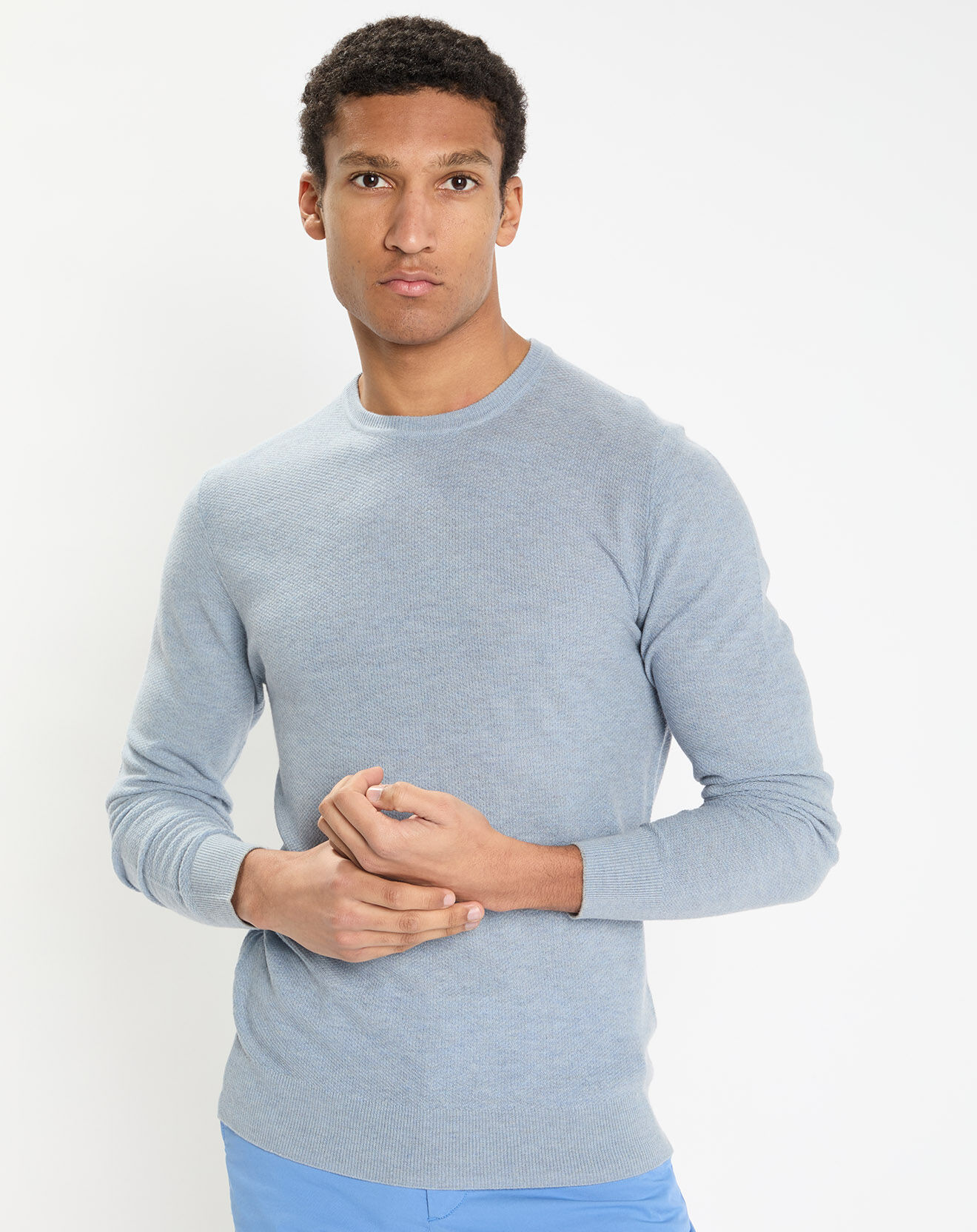 Hackett London Pull en Laine, Soie & Cachemire col rond texturé bleu clair