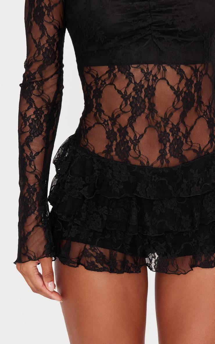 Noir Combishort Jupe-short Épaules Dénudées En Dentelle À Volants