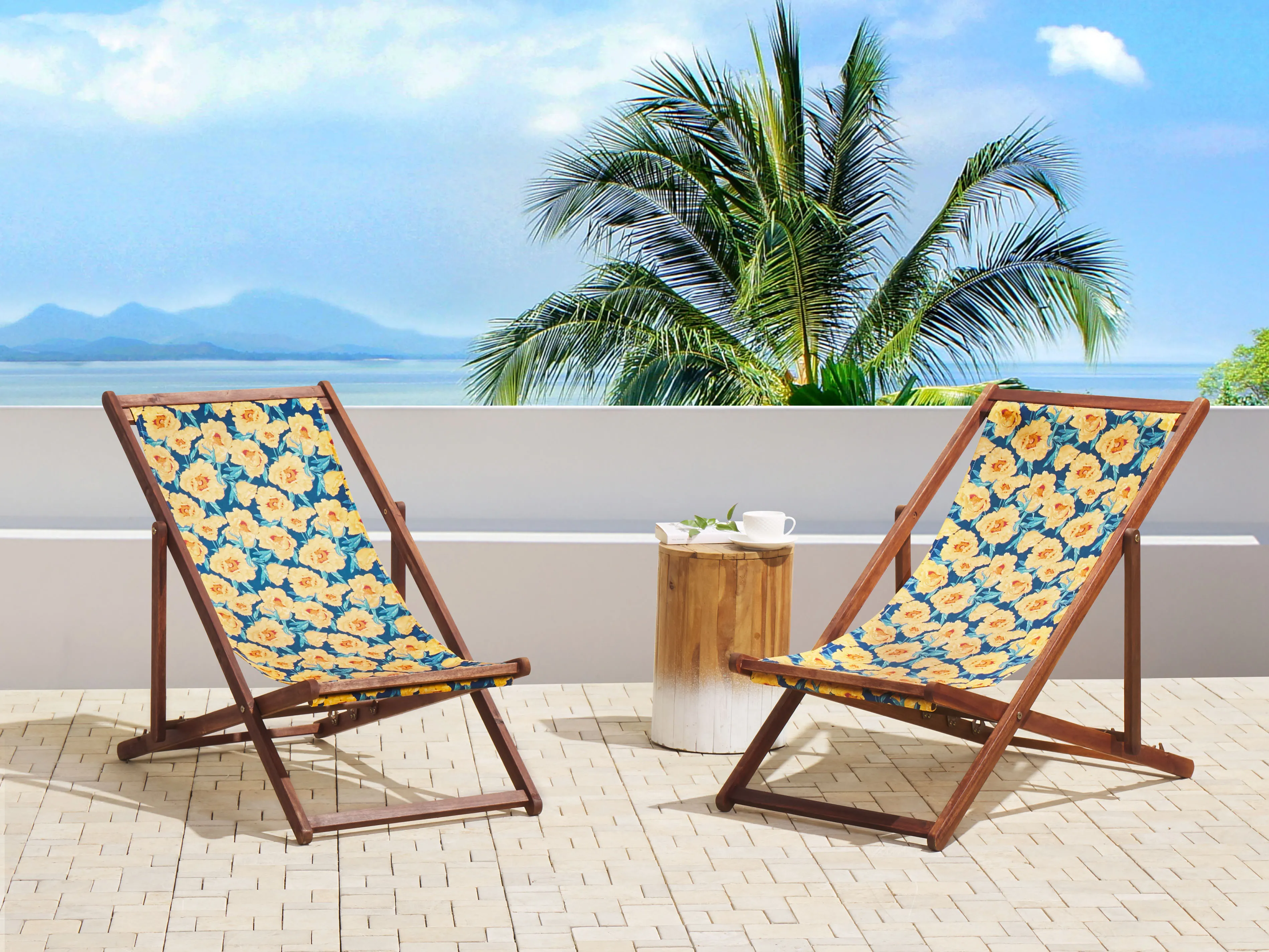 Set van 2 inklapbare ligstoelen ANZIO met vervangingshoezen Bloemen motief Acaciahout Donkerbruin