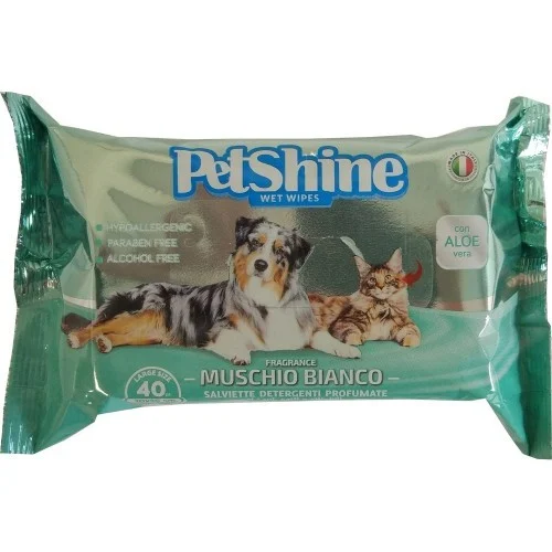 Lenços umedecidos higiênicos para cães e gatos com aloe vera e aroma de musgo branco.