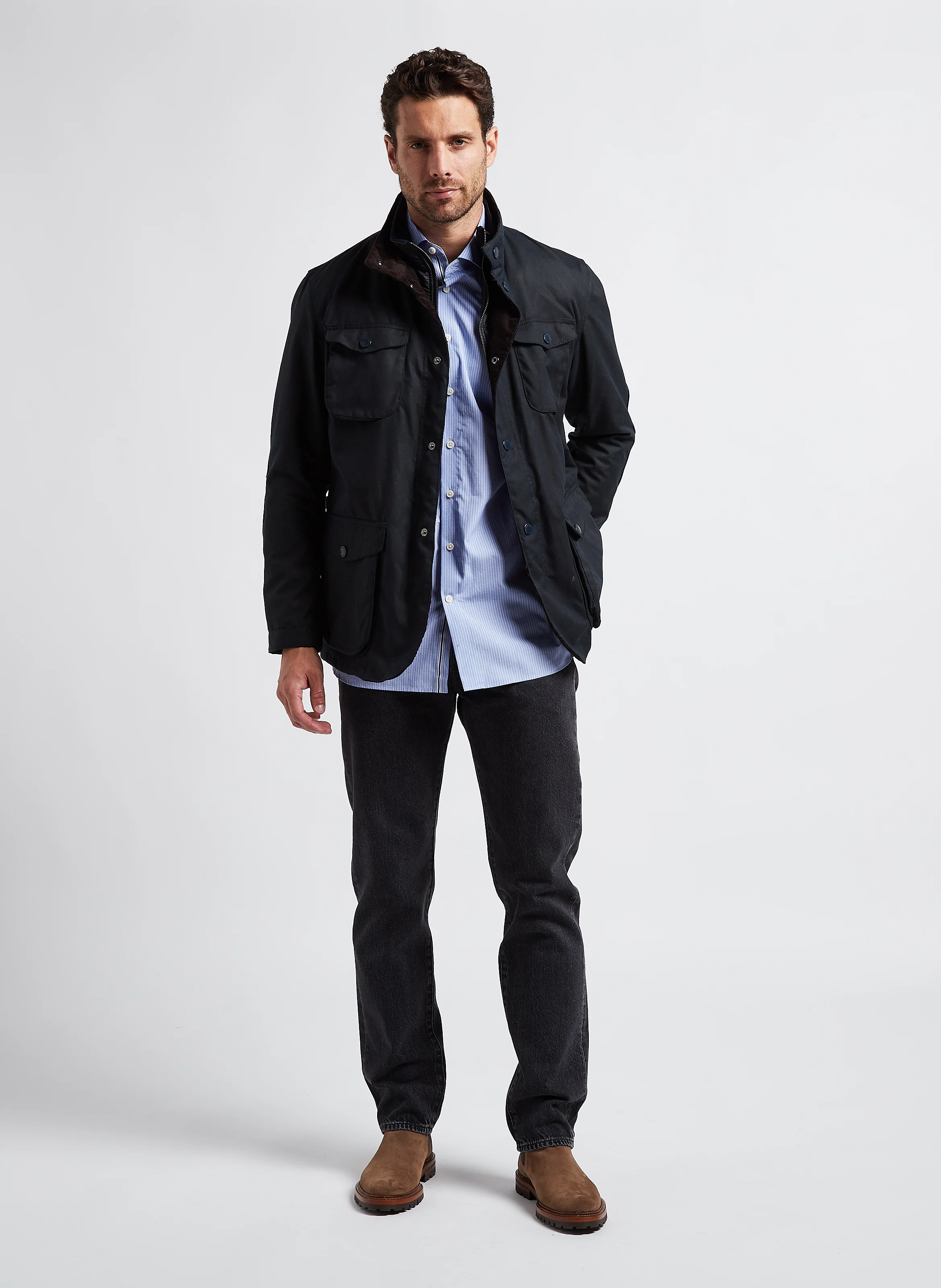 Veste col montant en coton ciré| Bleu