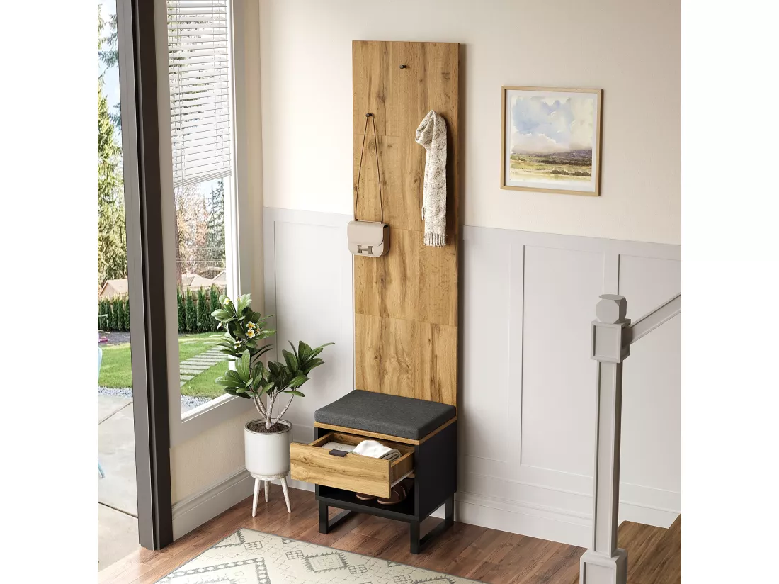 Vestiaire avec tabouret à chaussures + coussin - avec tiroir - Naturel