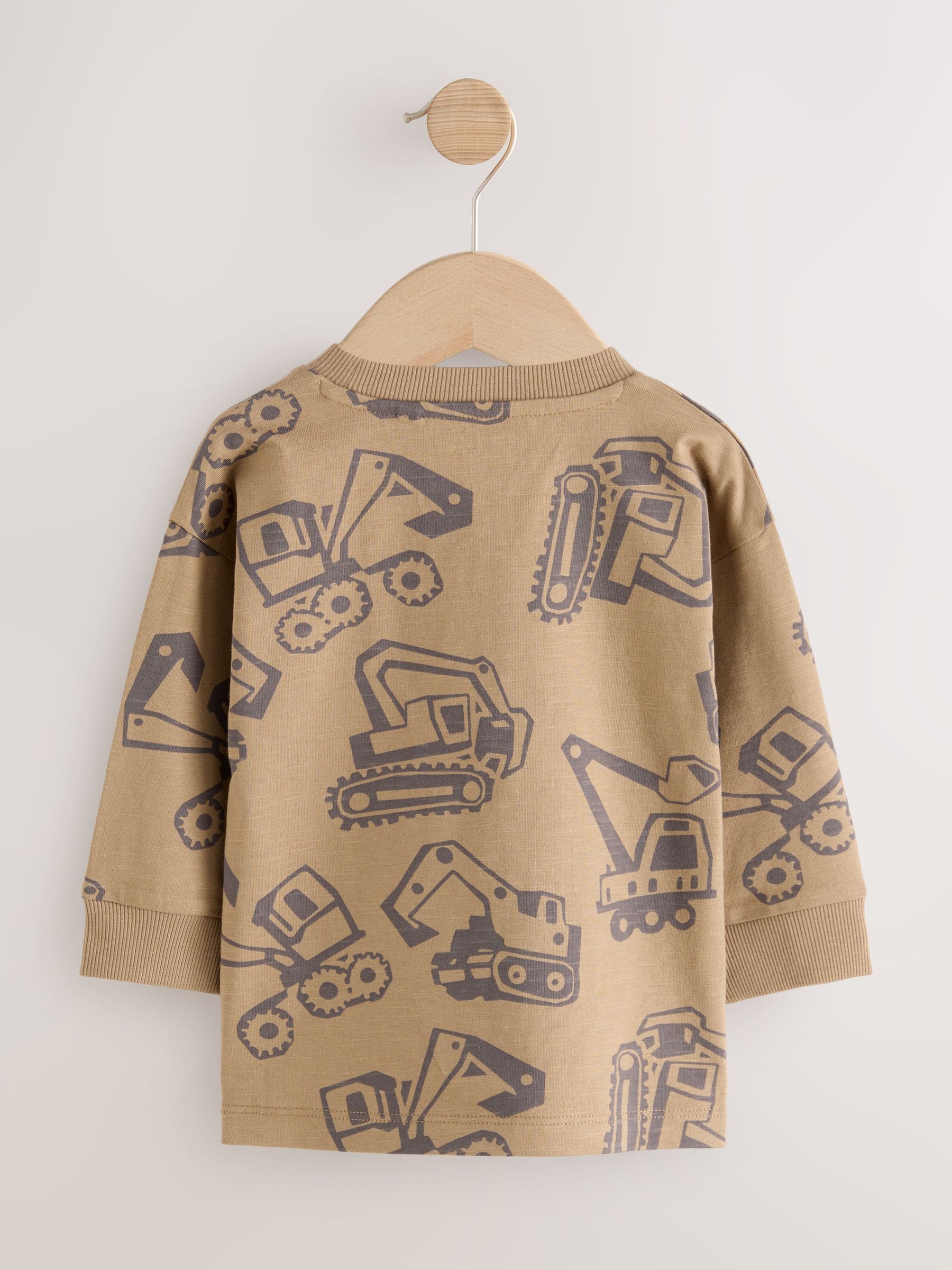 Zwart/bruin met graafmachine - Set van 3 T-shirts met grafische print en lange mouwen (3mnd-7jr)
