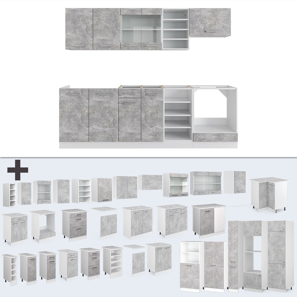Vicco Küchenzeile Küchenblock Einbauküche R-Line 240 cm Weiß Beton Arbeitsplatte
