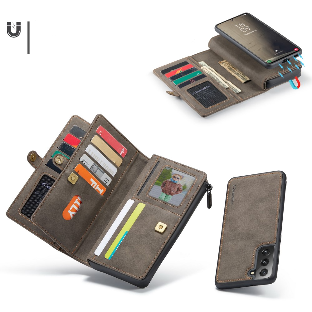 Samsung Galaxy S21 FE 5G 3in1 Leder Tasche   Magnet Hardcase Karten Etui - Dunkelbraun