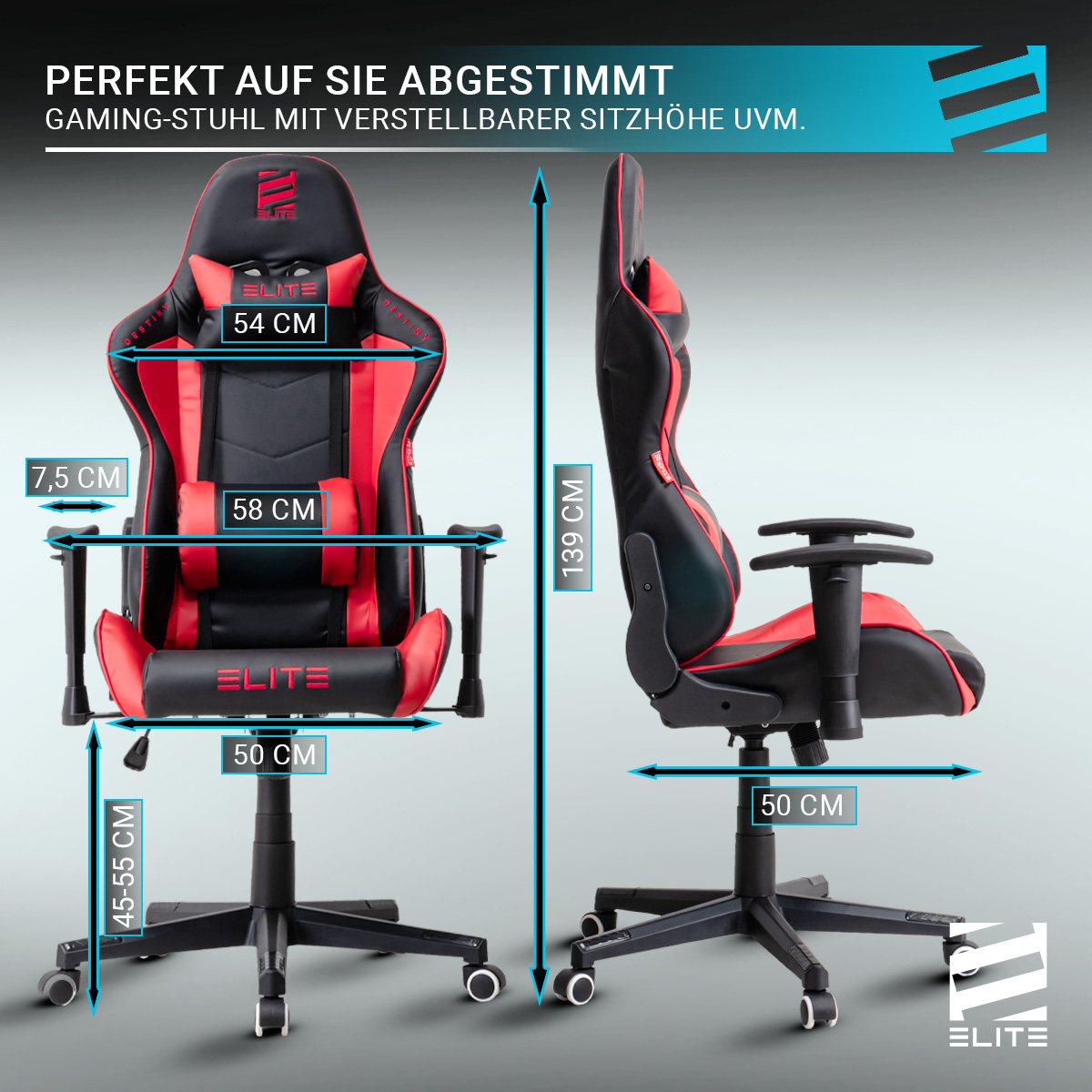 ELITE Gaming-Stuhl DESTINY, Rücken- und Nackenkissen, Wippmechanik, bis 170kg, Sitzhöhe 45-55, MG200 (Schwarz/Grün)