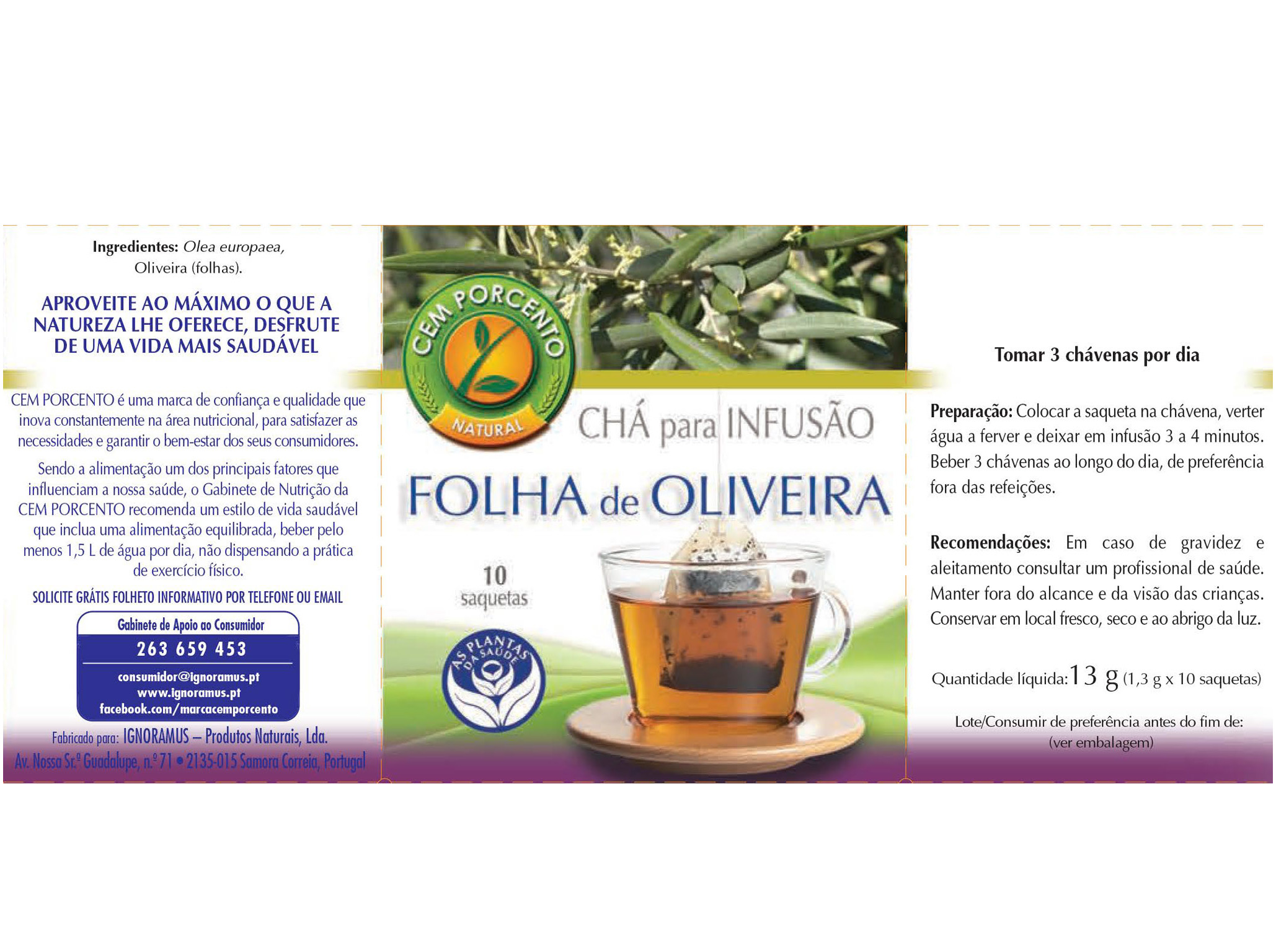 CHÁ CEM PORCENTO FOLHA OLIVEIRA 10 SAQUETAS