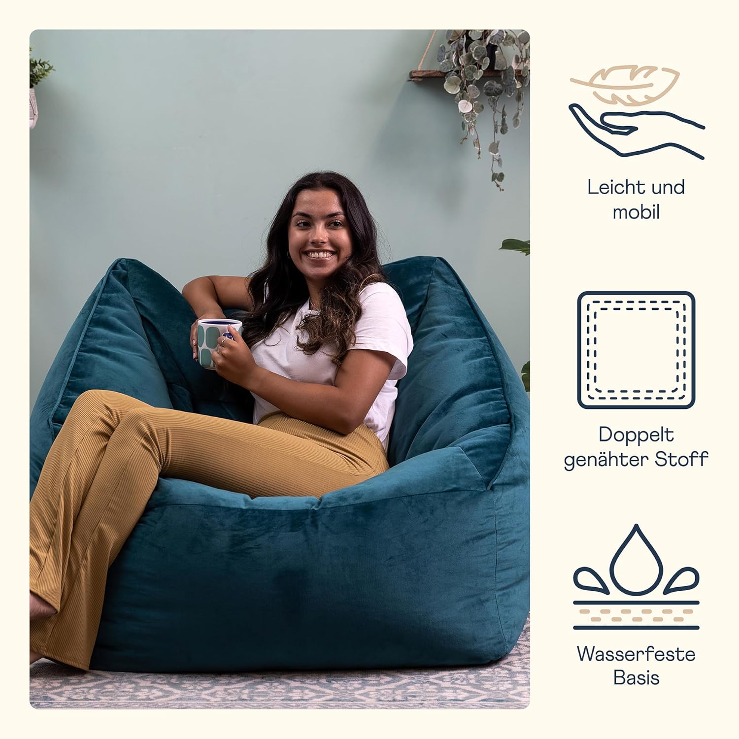 Icon Natalia Sitzsack Sessel für Erwachsene, Blaugrün, Flauschiger Samtstoff, Riesen Sitzsack Samt mit Füllung, Bean Bag Chair, Bequemer Sessel Wohnzimmer, Lounge, Schlafzimmer, Büro