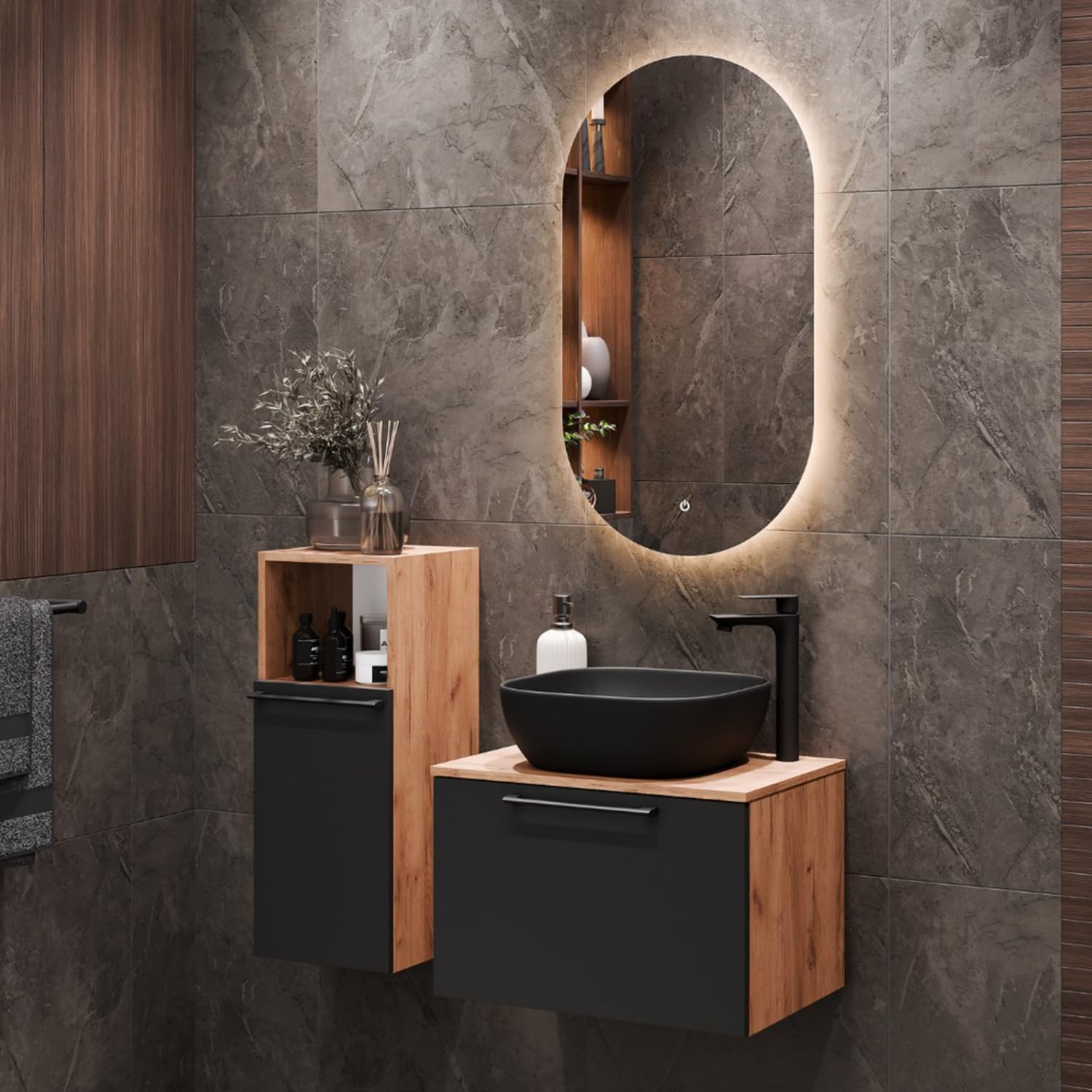 Planetmöbel Astra Badmöbel Set mit Waschtisch 60 cm mit 1x Midischrank Gold Eiche Anthrazit, Aufsatzwaschbecken 42 cm schwarz