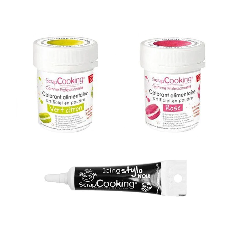 2 colorants alimentaires rose-vert citron + Stylo glaçage noir Scrapco