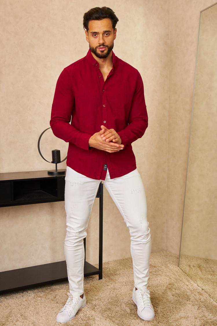 Chemise en lin bordeaux manches longues