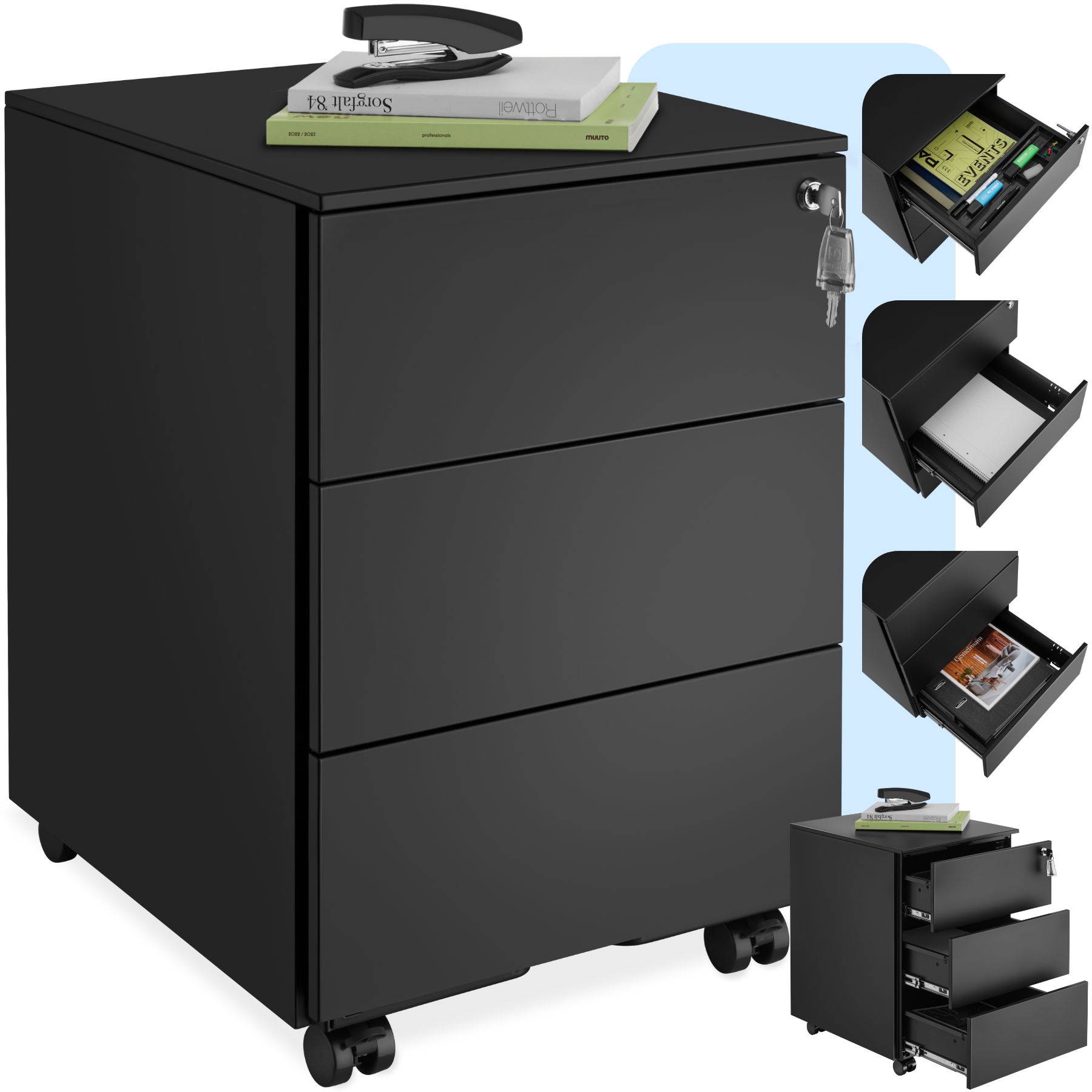 tectake® Aktenrollschrank, aus pulverbeschichtetem Stahl, herausnehmbarer Einsatz für Büroutensilien, 39 x 45 x 55 cm
