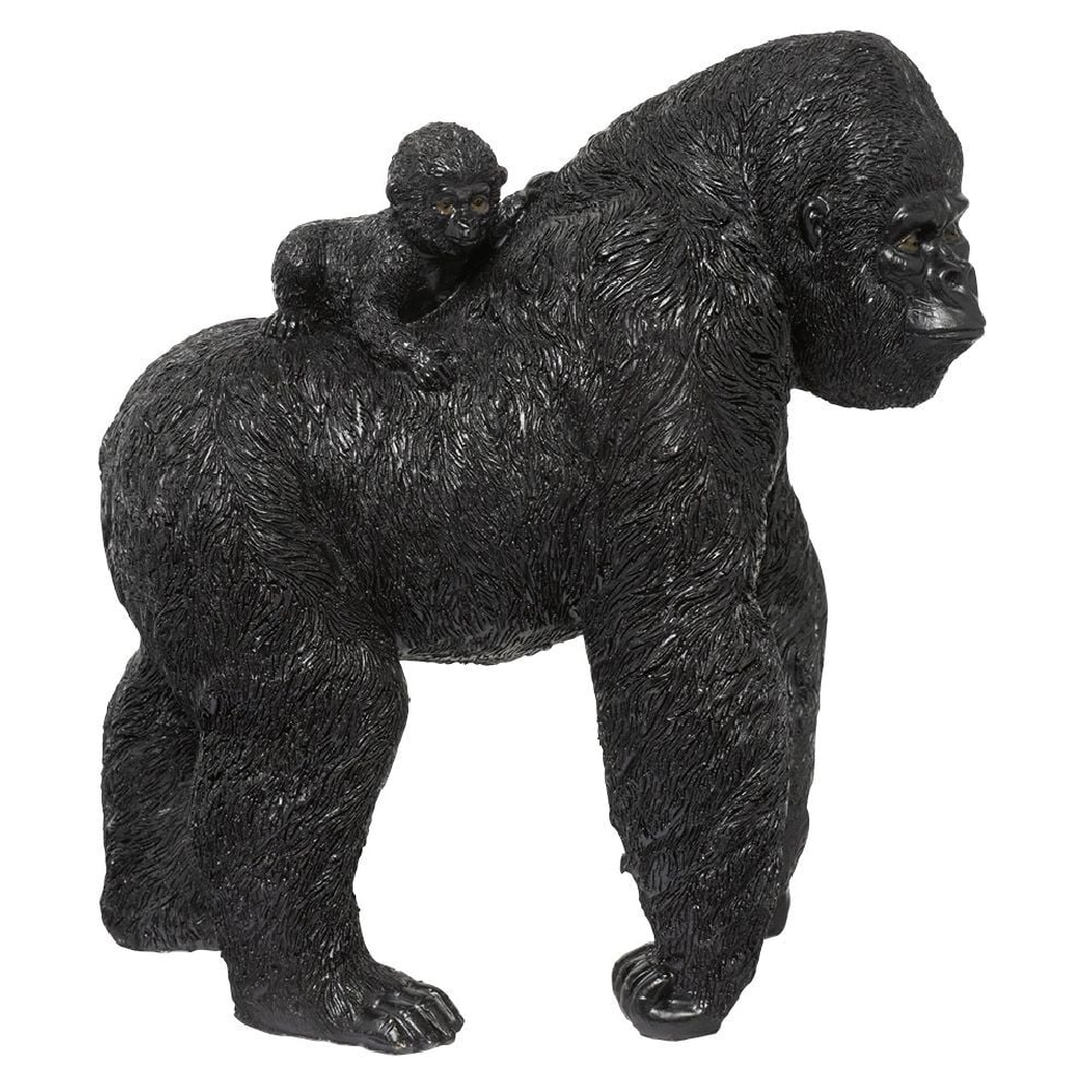Gorille avec son bébé sur le dos en résine noir H34cm