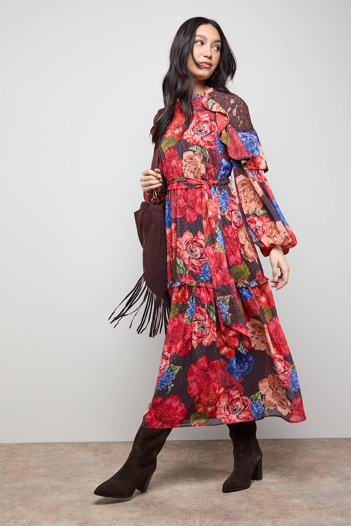 Oasis Robe Midi à Taille Ceinturée avec Détail Cape en Mousseline Imprimée