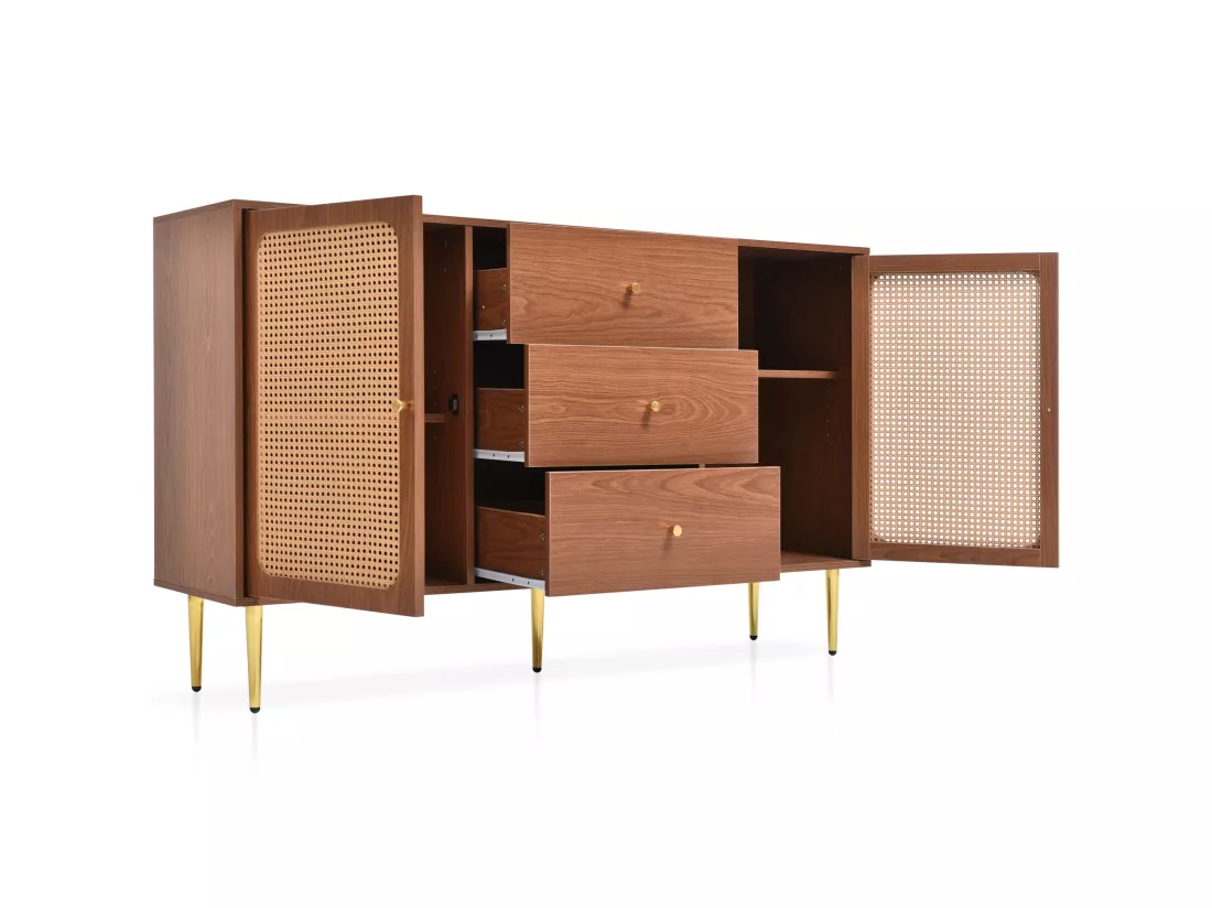 Buffet bas en rotin avec 3 tiroirs & 2 portes - marron